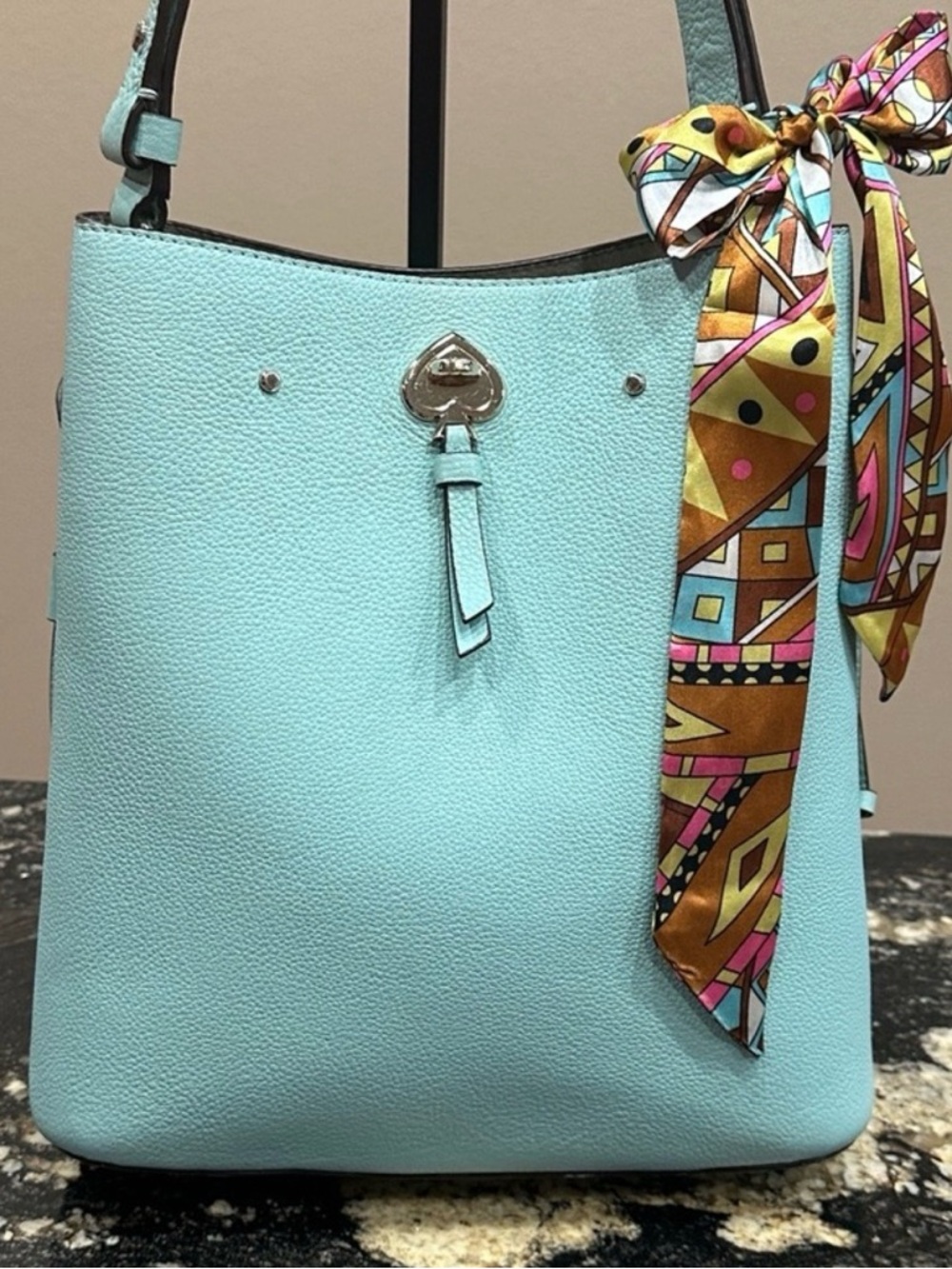 kate spade mint green leather shoulder bag with multicolor silk scarf